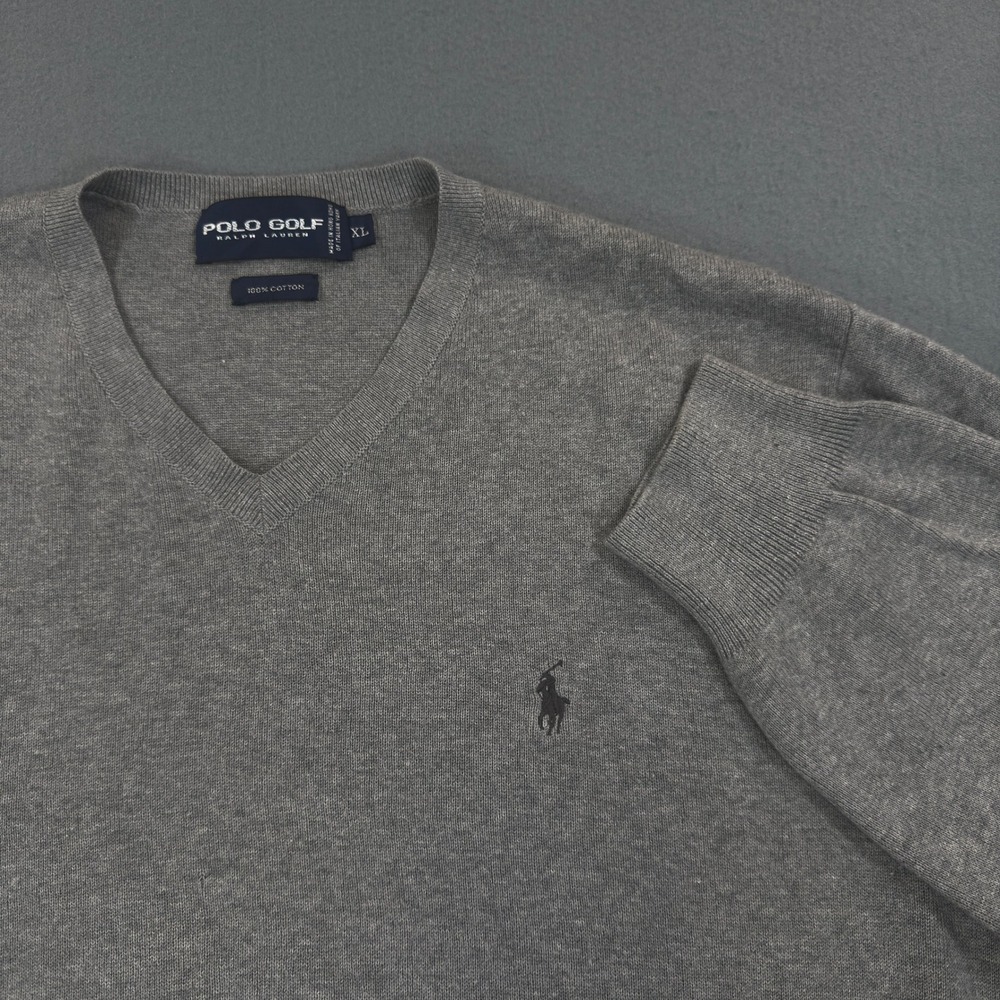 Polo Golf Ralph Lauren Mens XL V-Neck Sweater Gray 100% Cotton Knit Pullover